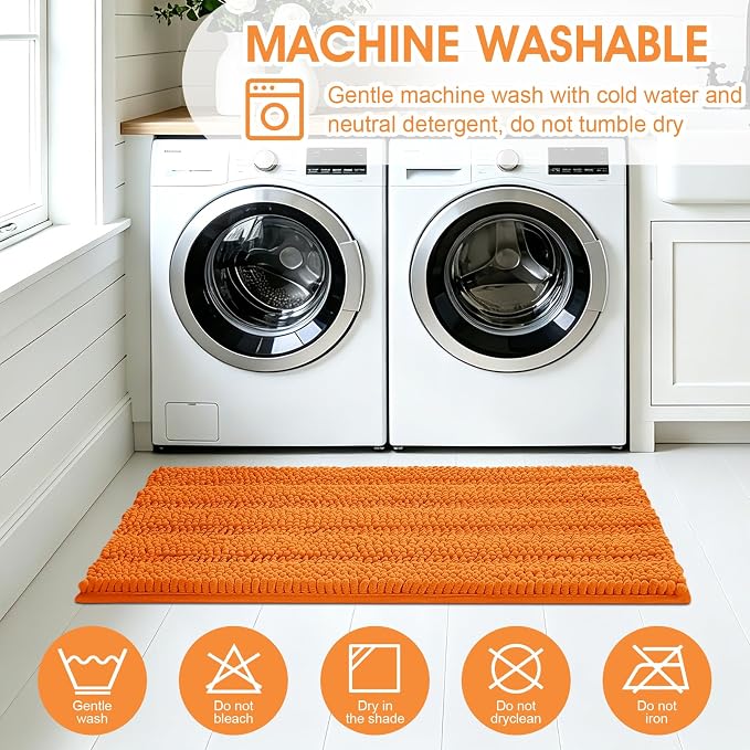 ACCUMTEK Striped Orange Bathroom Rug Set 3 Pieces Ultra Soft, Non Slip Chenille Toilet Mat, Absorbent Plush Shaggy Bath Mats for Bathroom, Bedroom, Kitchen