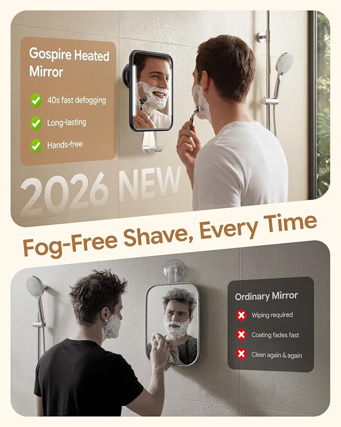 Gospire Heated Shower Mirror with Light Fogless Mirror for Shaving 2026New | 5000mAh Rechargeable Battery, Detachable Suction Cup, Razor Holder for Wall, NO-Drilling, Waterproof for Bathroom