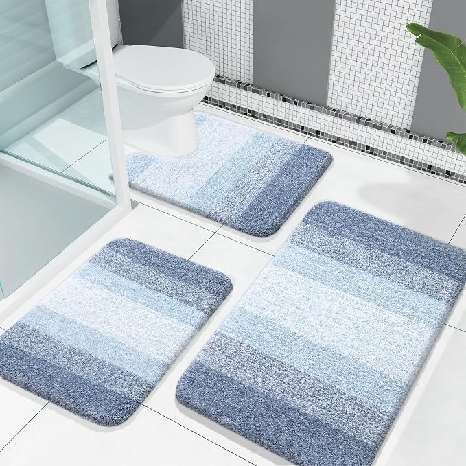 OLANLY Microfiber Bathroom Rugs Sets 3 Piece, 30"x20"+24"x16"+24"x20" | Blue, Soft Absorbent Bath Mats and U-Shaped Contour Toilet Rug, Machine Wash Dry, Plush Shaggy Bath Mat Set for Bathroom