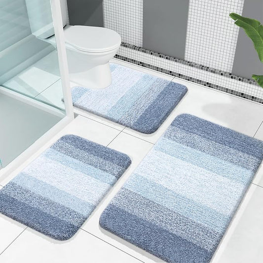 OLANLY Microfiber Bathroom Rugs Sets 3 Piece, 30"x20"+24"x16"+24"x20" | Blue, Soft Absorbent Bath Mats and U-Shaped Contour Toilet Rug, Machine Wash Dry, Plush Shaggy Bath Mat Set for Bathroom