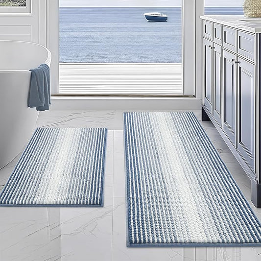 BSICPRO Bathroom Rugs Sets 2 Piece, Non Slip Striped Bath Mats, Fog Blue | 20"x47" Plus 16"x24", Soft Absorbent Chenille, Quick Dry Machine Washable, Shower Rug for Bathroom Floor, Tub, Bedroom Decor
