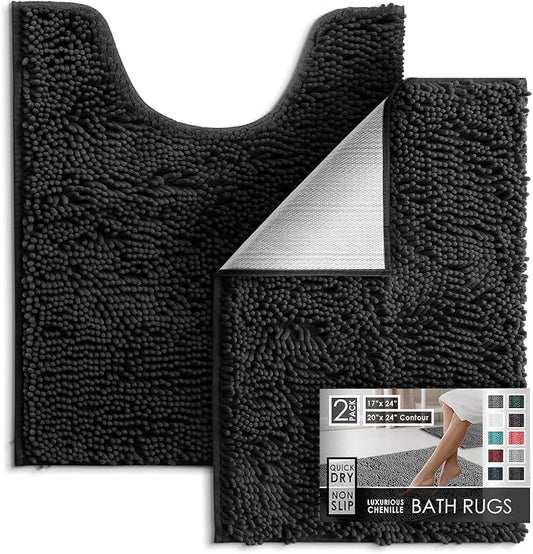 Hearth & Harbor Bathroom Rugs, Chenille Bath Mat - Machine Washable Bath Mats for Bathroom Non-Slip Backing Rubber, Quick Dry Bathroom Mat - Black 17x24-20x24