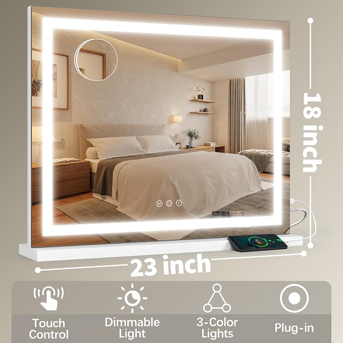 FENNIO 23" x 18" Vanity Mirror with Lights，LED Makeup Mirror，Hollywood Mirror with 3 Color Modes & Adjustable Brightness，Vanity Mirror Square White