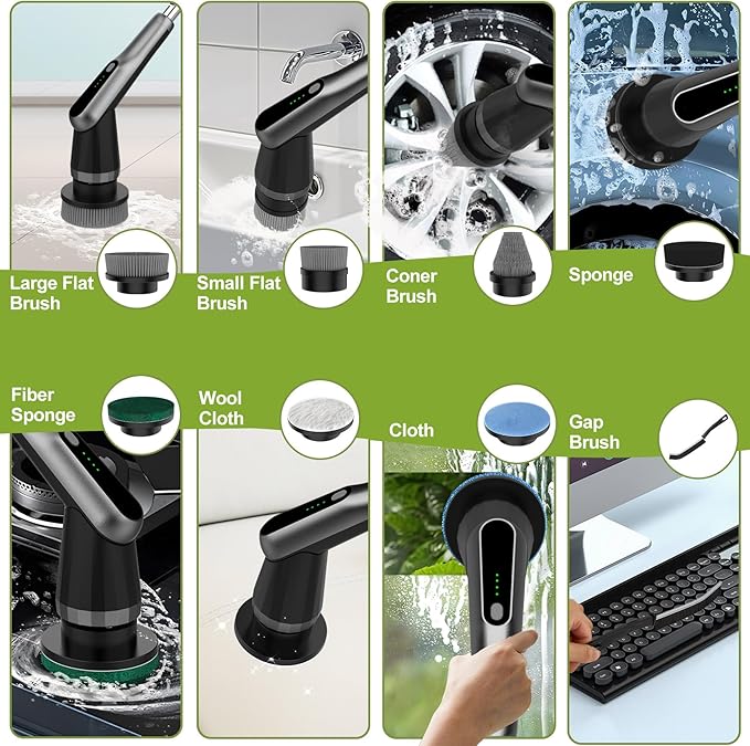 Electric Spin Scrubber, Cordless IPX7 Waterproof, Dual Speed Shower Scrubber with Adjustable Long Handle, 7 Replaceable Brush Heads for Bathroom, Bathtub, Tile Floor, Toilet, Kitchen & Car