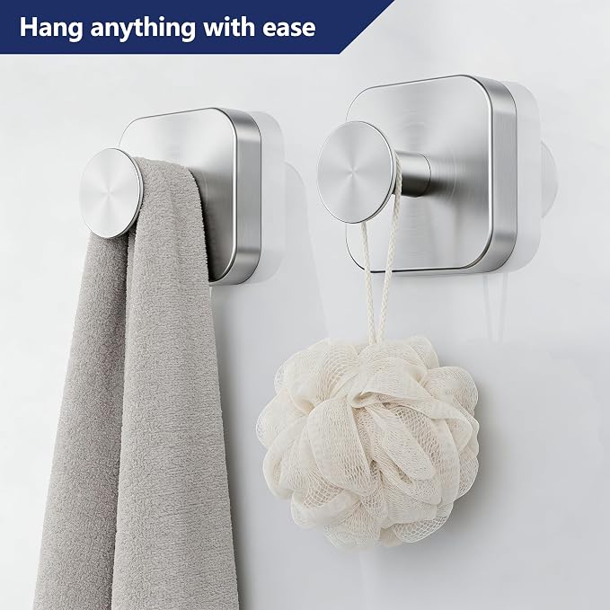 Aikzik Adhesive Hooks for Shower, Heavy Duty Replaceable Sticky Large Wall Towel Hooks for Hanging Towel, Robe, Coat, Stainless Steel Hook for Bathroom and Door, Waterproof & Rustproof - 2 Pack,Silver