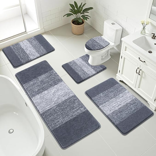 Bsmathom Bathroom Rug Set 5 Piece, Plush Microfiber Bath Mat, Dark Grey | Extra Water Absorbent, Non Slip Washable Runner Bath Rugs with Toilet Lid Cover and U-shaped Contour Toilet Mat