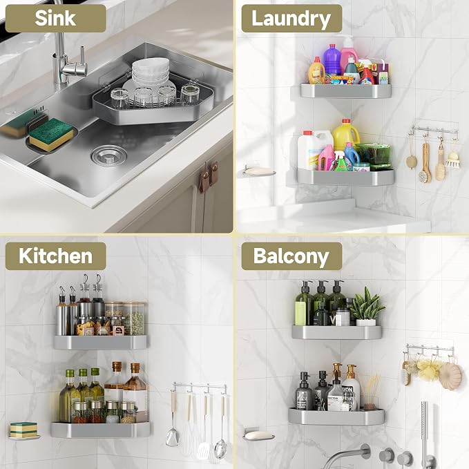Veken Aluminum Corner Shower Caddy 4-Pack, Never Rust, No Drilling Adhesive Shelves, Stainless Rack with Soap Holder, Bathroom Organizers and Storage, Wall-Mounted Kitchen & Home Decor, Silver