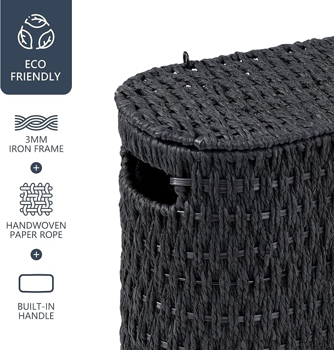 Coeusy Toilet Paper Storage Basket with Lid, Paper Rope Toilet Paper Holder for Up to 6 Mega Rolls, Wicker Basket for Bathroom Accessories Organizer, Boho Hand Woven Rattan Decorative Decor, Black