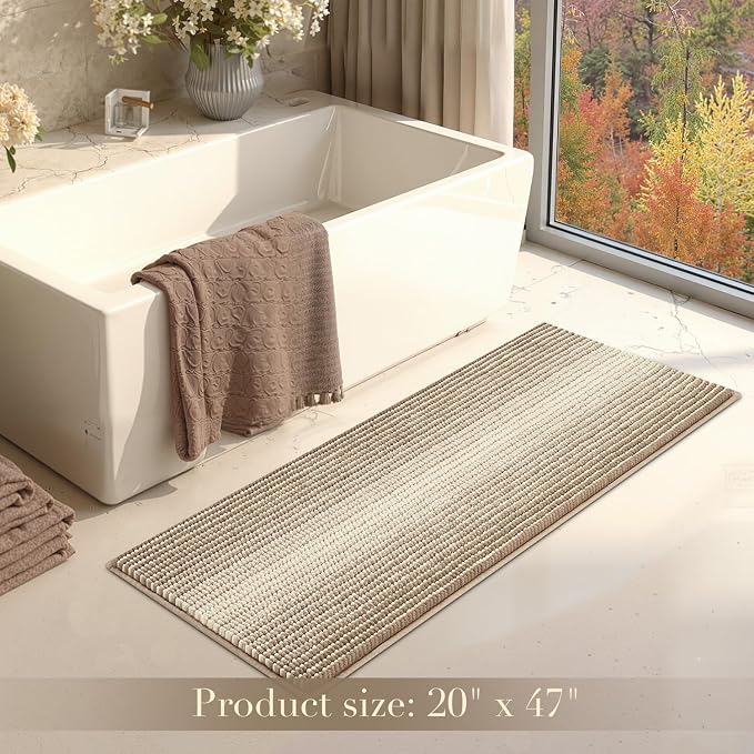 Large Bathroom Rugs Runner, 20x47 Chenille Bath Mats, Tan | Extra Soft Absorbent, Non Slip Striped, Quick Dry Machine Washable, Shower Rug for Bathroom Bedroom Decor