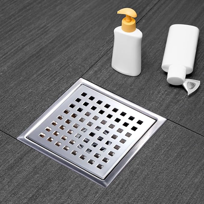 Square Shower Drain, Silver Shower Drain 6 inch with Flange and Removeable Grate Cover, AISI 304 Stainless Steel Shower Floor Drain with Hair Catcher and Flange