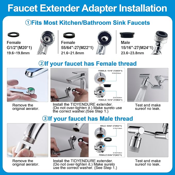 TIDYENDURE 1080° Rotating Faucet Extender, Swivel Faucets Aerator Extension, Faucets Adapter for Kitchen & Bathroom Sinks Features 2 Water Flow Modes Faucet with Built-in Filter Function