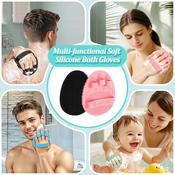 Back Scrubber for Shower & Silicone Bath Glove Set, 19’’ Detachable Long Handle Body Scrubber Wet or Dry Brush, Adjustable 2-in-1 Back & Body Brush with Soft Bristles for Deep Cleaning(Pink)