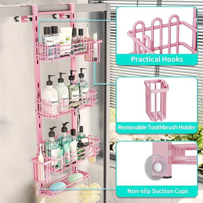 HapiRm Hanging Shower Caddy Organizer - Shower Shelf with 22 Hooks and 2 Toothbrush Holders, No Drilling Adjustable Hanging Bathroom Organizer - Pink