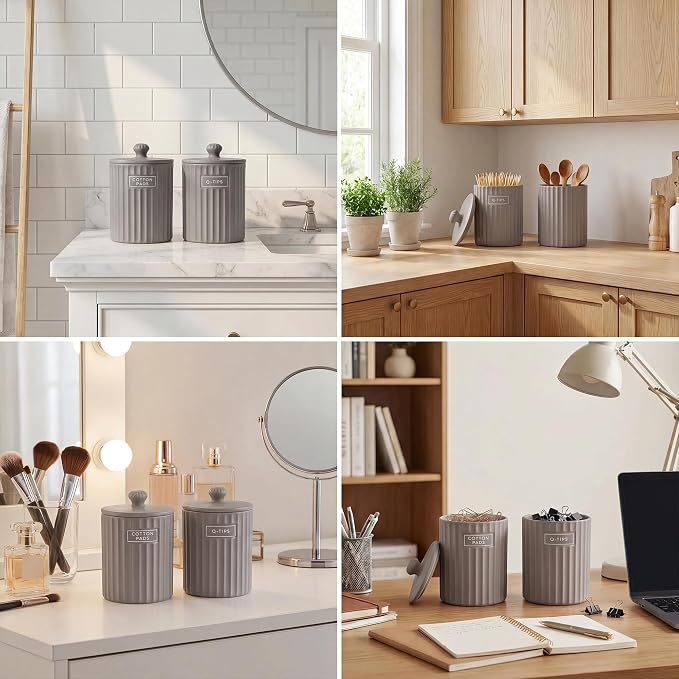 Ronasip Ceramic Bathroom Organizer and Storage Jars with Lid, 2 Pack Qtip Holder and Cotton Pad Dispenser, Apothecary Canisters for Vanity, Kitchen Countertop, Home Decor (2, Gray)