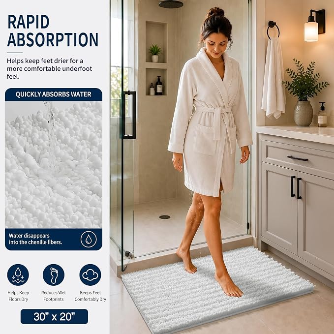 Yimobra Bathroom Rug Set 3 Piece, Super Water Absorbent Bath Mat Set, White | Quick Dry Soft Chenille Bath Rugs & Toilet Rug, Non Slip Machine Washable, Extra Thick Shaggy Floor Mat for Shower Tub Sink