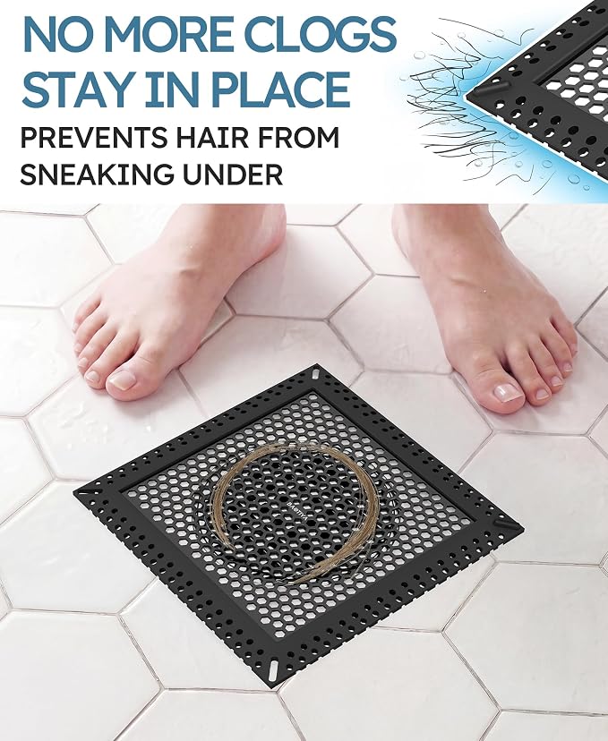 Square Shower Drain Hair Catcher, Anti-Clogging, Black, 6 inch | 304 Stainless Steel and TPE Material/ Not Moving / Easy Clean / Fast Drainage / Fits Bathroom Hair Catcher for Shower
