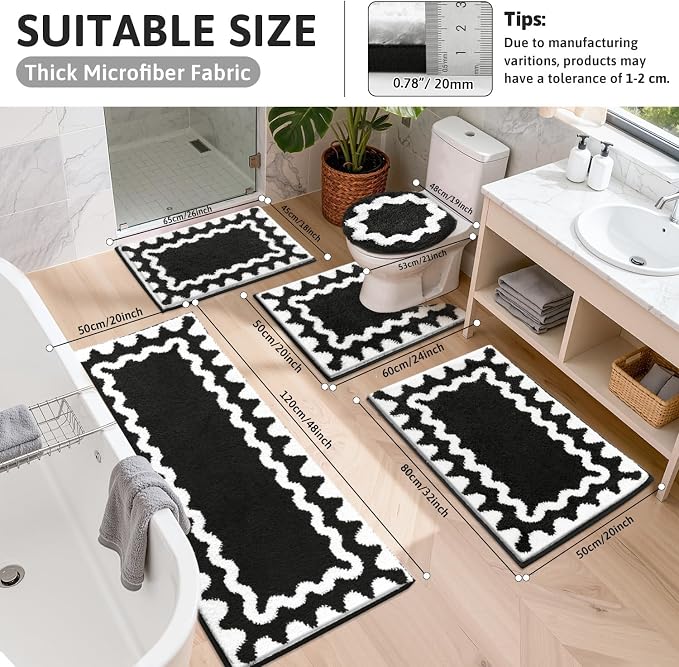 Findosom Bathroom Rugs Sets 5 Piece, Absorbent Soft Non-Slip Bath Rug Set | Washable Microfiber Shaggy Bath Mat Set with Bathroom Runner Rug, U-Shaped Toilet Rugs, Shower Rug & Toilet Lid Cover, Black