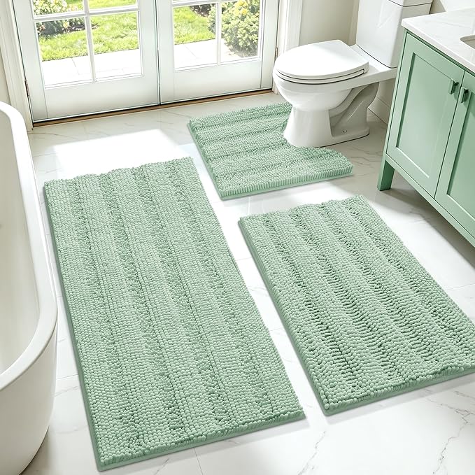 ACCUMTEK Tauso Striped Sage Green Bathroom Rug Set 3 Pieces Ultra Soft, Non Slip Chenille Toilet Mat, Absorbent Plush Shaggy Bath Mats for Bathroom, Bedroom, Kitchen