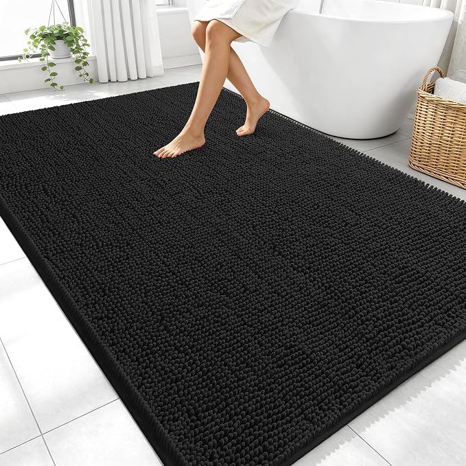 OLANLY Large Bathroom Rugs 70x46, Extra Soft Absorbent Chenille Bath Rugs | Black, Quick-Drying Rubber Backing, Machine Washable Bath Mat for Bathroom Floor, Tub and Shower, Home Decor Accessories