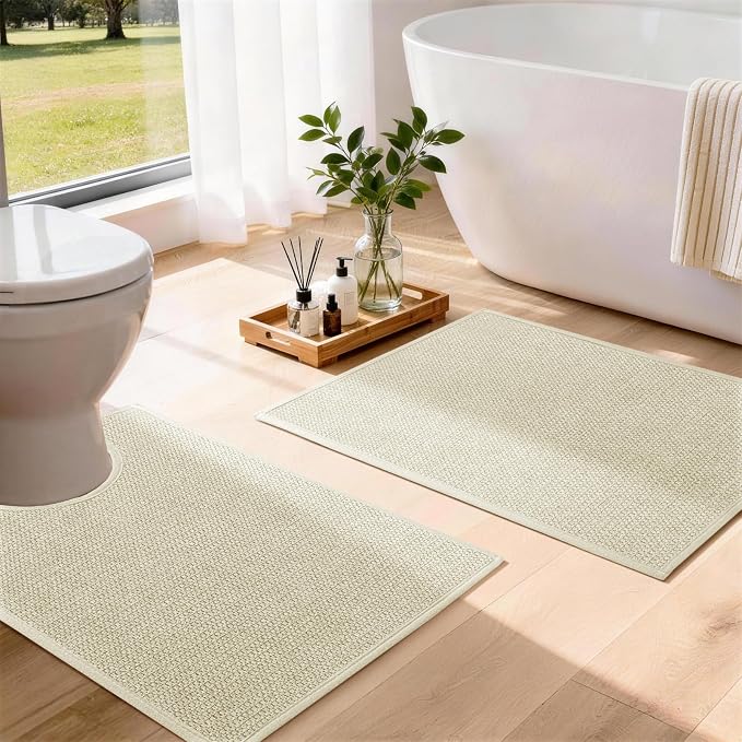Beige Bathroom Rugs Sets 2 Piece, Quick Dry Thin Bath Mat with Toilet Rug, Non Slip Absorbent Machine Washable, Bath Rugs for Tub Sink Home Decor (17"x24" + 17.5"x24" U-Shaped)