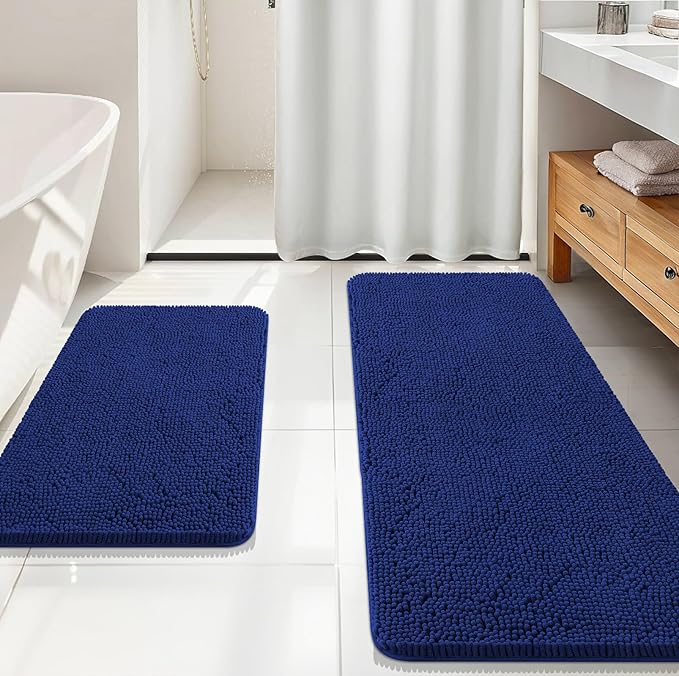 OLANLY Chenille Bathroom Rugs Mats Sets 2 Piece, 59"x20"+30"x20", Navy | Ultra Soft Absorbent Bath Rugs Set, Rubber Backing Non-Slip, Quick Dry, Machine Washable Bath Carpet, Home Decor Accessories