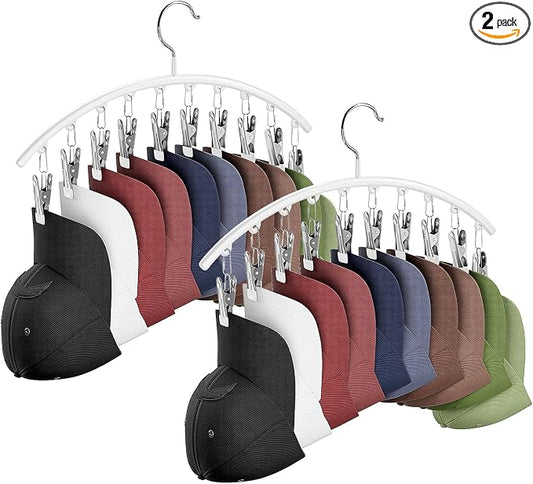 Cuipingoo Hat Hangers for Closet, Metal 2 Pack Hat Organizer Holder for Hanger Closet Display, Hat Racks for Baseball Caps w/10 Clips, Hat Holder for Ball Caps & Accessories, for Men Women, White