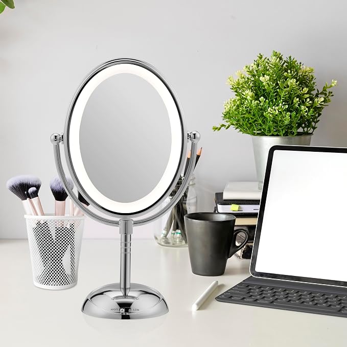 Conair Lighted Makeup Mirror, LED Vanity Mirror, 1X/7X Magnifying Mirror, Double Sided, Battery Operated in Polished Chrome