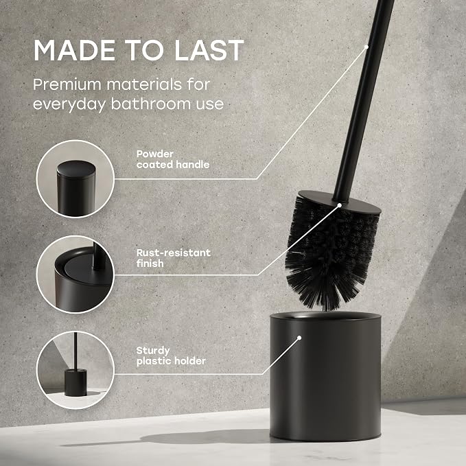 Toilet Bowl Brush with Holder and Lid – Matte Black | Modern toilet bowl brush set with steel holder, splash guard protection, and sturdy handle in matte black