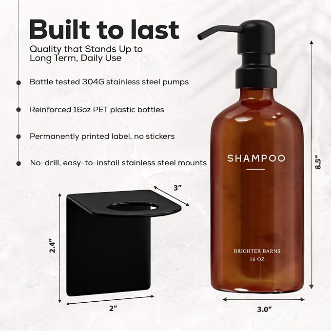 Amber Shampoo and Conditioner Dispenser Set Wall Mounted by Brighter Barns - Plastic Shower Dispenser Set - 3 Chamber Drill Free Shampoo Bottles - Modern Bathroom Decor for Guest Bathroom, Spa (Amber)