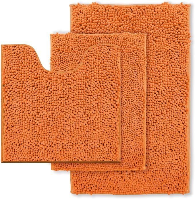 RUN HELIX Bathroom Rugs 3 Pieces Orange Bath Rugs Fall Shower Rugs with U-Shaped Contour Toilet Mat Absorbent Chenille Plush Bath Mats Non Slip Bath Rugs Bathroom Floor Mats Bath Mat Living Rug Set