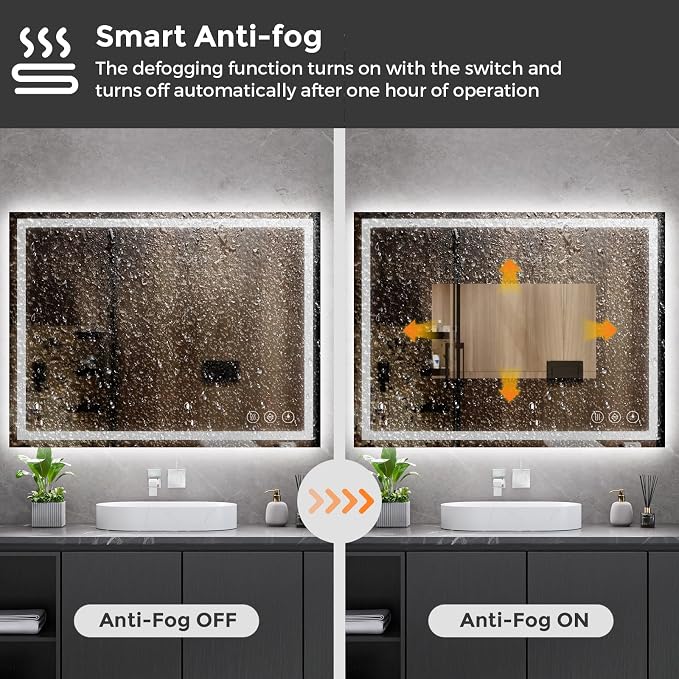 Koonmi 48x36 LED Bathroom Mirror with Light, Anti-Fog, 3 Colors | Backlit + Front Lit, Dimmable Brightness, Shatterproof HD Distortion-Free Tempered Glass, Hardware Included