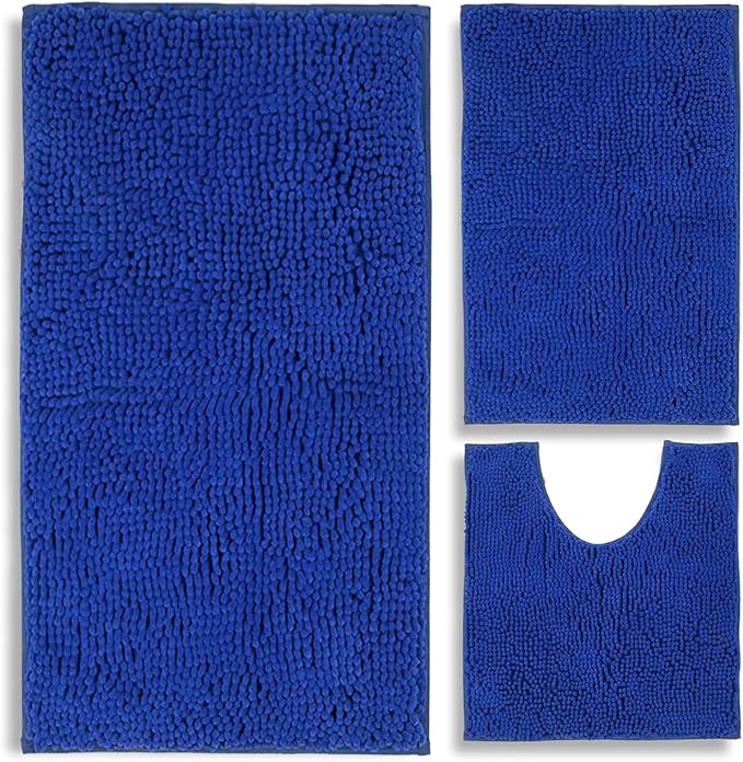 Bathroom Rugs Chenille 3-Piece Extra Soft and Absorbent Shag Bathroom Rugs, Machine Wash Mat, Strong PVC Non-Slip Underside, Plush Carpet Mats (Royal Blue)