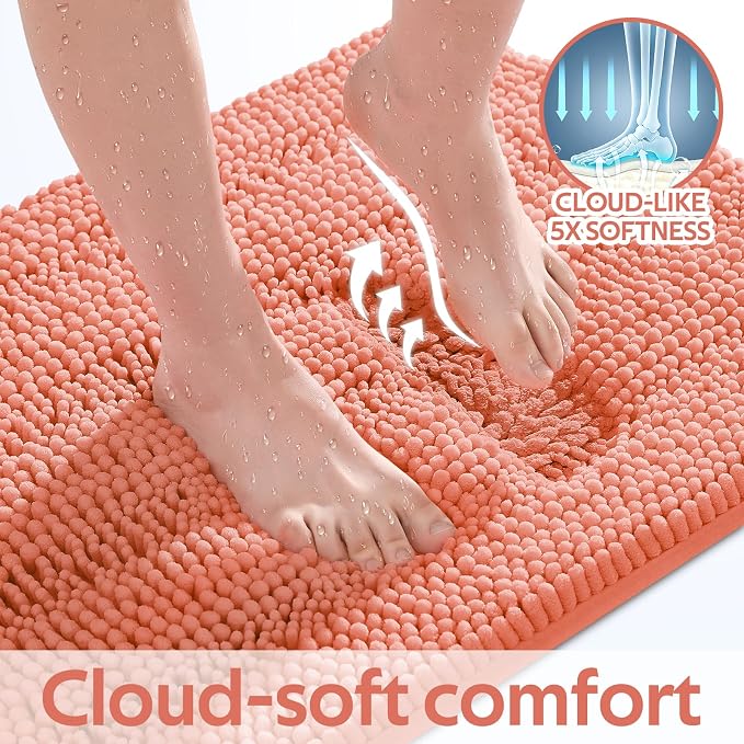 ACCUMTEK Striped Coral Bathroom Rug Mat Set 2 piece 24"x17"+48"x20" Ultra Soft, Non Slip Chenille Bath Rugs, Absorbent Plush Shaggy Bath Mats for Bathroom, Bedroom, Kitchen, Shower, Tub