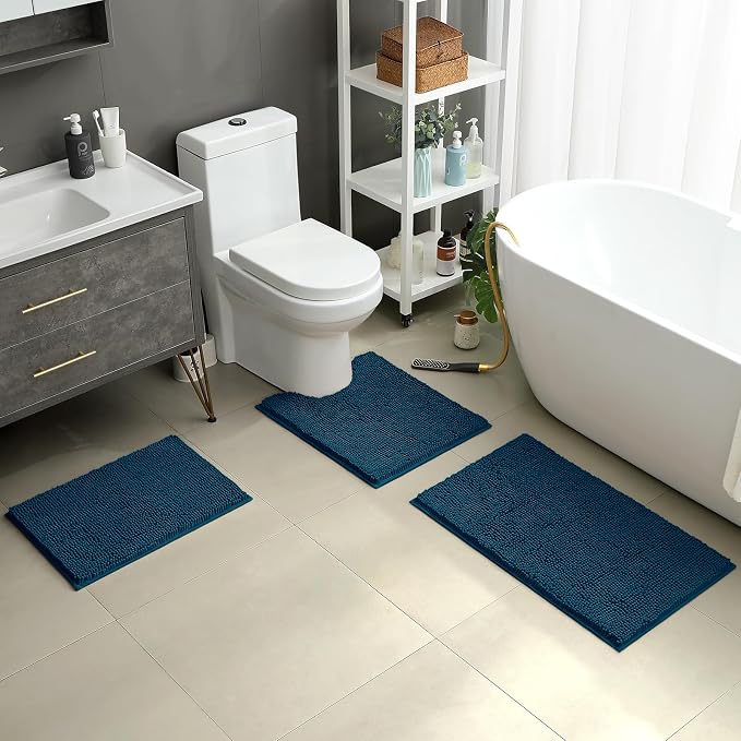 HOMEIDEAS Atlantic Blue Chenille Bath Rugs Set of 3, Non Slip Bath Mat | Super Absorbent, Soft Microfiber, Machine Washable, Stain Resistant, for Bathroom Decor