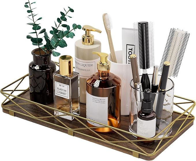 Lixple Toilet Paper Basket Holder, 13" Toilet Tank Tray, Wood and Metal Toilet Tray Vanity Organizer Bathroom Tray, Kitchen Sink Organizer for Soap Dispenser (Brown+Gold)