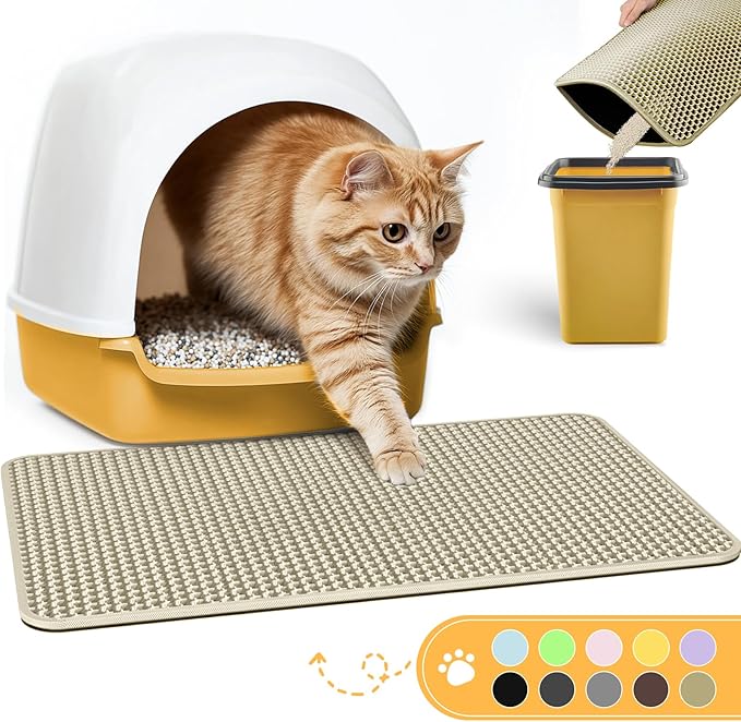 Powools Cat Litter Mat, 30 x 24 in, Waterproof, Non-Slip, Beige | Litter Trapping Mat, Easy to Clean, Litter Box Mat, Urine-Proof, Cat Toilet Training Systems Accessories, Indoor Cats