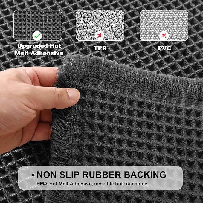 JIUZHEN Set of 2 Waffle Bath Mats Boho Bathroom Runner Rug 20"x32"+24"x48" | Black, Non Slip, Super Absorbent, Washable, Ultra Soft, Fast Drying Bath Rug and Bathroom Runner for Kitchen Hallway Laundry