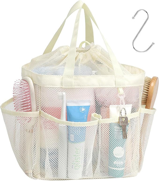 F-color Mesh Shower Caddy Portable with Drawstring -Upgrade Deeper 7 Pockets Dorm Room Essentials for Guys Girls with S Hook, Shower Bag Basket Tote for College Camping Gym Bathroom, Butter White