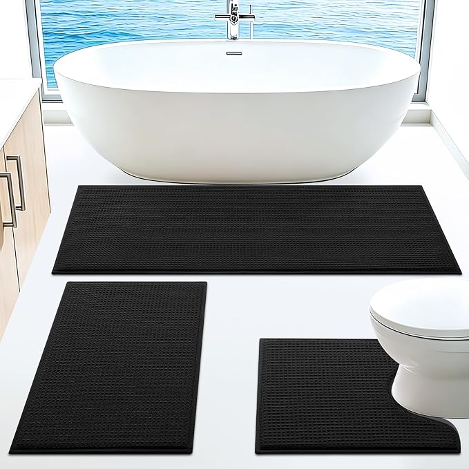 ACCUMTEK Memory Foam Bath Mat Set 3 Piece, Ultra Soft Absorbent Waffle Bathroom Rugs, Super Non-Slip PVC Backing Bath Rug Quick Dry, Machine Washable Rug for Tub, Shower, Home Decor Accessory, Black