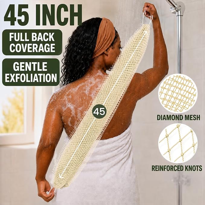 Authentic African Net Sponge, 2 Pack 45-Inch Exfoliating Bath Sponge and Shower Loofah for Body and Back, Colorfast Quick-Dry Knotted Mesh Scrubber with Travel Pouch (Linen & Sky Blue)