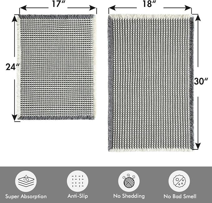 MIULEE Set of 2 Waffle Bathroom Rugs Dark Grey&Cream 17"x24"+18"x30" | Non Slip, Super Absorbent, Washable, Ultra Soft, Rubber Backed, Small Boho Bath Rugs for Bathroom Floor Tub Shower