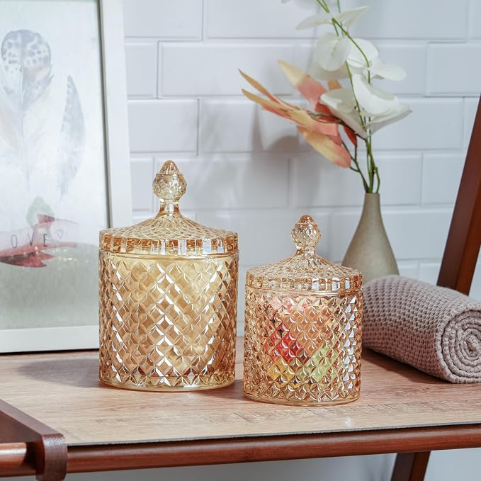 2 Pack Glass Qtip Holder, Apothecary Jars with Lids Bathroom Storage | Amber (10+24oz), Storage for Cotton Swabs, Balls, Pads, Floss Pick, Makeup, Candy & Jewelry, Vanity Organizer for Bathroom