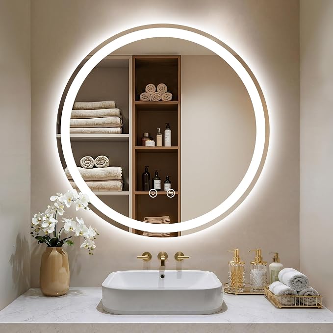 36 Inch Round LED Bathroom Mirror with Lights, Circle Lighted Vanity Mirror | Smart Anti-Fog, Dimmable 3 Color Modes, Backlit+Frontlit, Memory Function, HD Tempered Glass, Touch Sensor