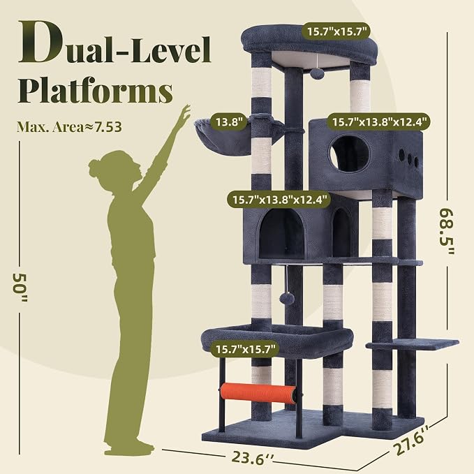 Hey-brother Cat Tree Tower with Stable L-Shaped Widen Base, Condo, MPJ086G | 68.5 Inches Multi-Level Furniture with 2 Platforms, 11 Scratching Posts, Hammock and Toys Ball for Indoor Cats, Smoky Gray