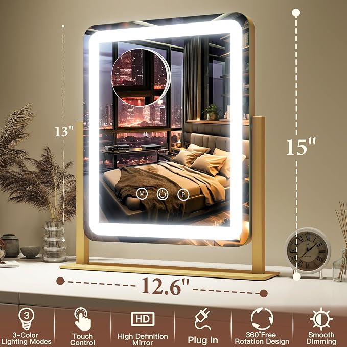 FENNIO Vanity Mirror with Lights - 15"x12.6" LED Lighted Makeup Mirror, Large Makeup Mirror with Lights, Touch Screen with 3-Color Lighting, Dimmable, for Vanity Desk Tabletop, Bedroom Gold