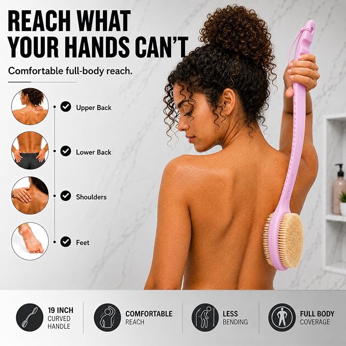 Avilana Long Handle Body Brush for Shower, 19 Inch Curved Back Scrubber with Soft & Stiff Bristles, Exfoliating Body Brush for Back, Legs & Feet, Non-Slip Silicone Handle, Replaceable Head System