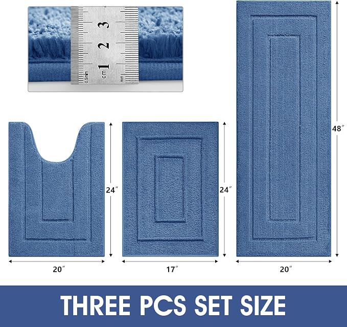 IM HOME Bathroom Rugs Sets 3 Piece, Ultra Soft Plush Fluffy Microfiber Absorbent Bath Mat, Non-Slip Backing, Machine Washable Bath Mats for Bathroom Floor, Tub, Toilet and Shower, Blue/Bordered