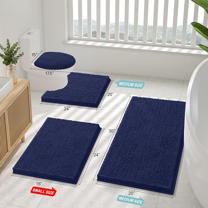 Smiry Chenille Bathroom Rugs Sets 2 Piece (36x24+24x16, Navy Blue) | Soft Absorbent Machine Washable Non Slip Shaggy Bath Rug Set for Tub, Shower, and Floor, Home Decor