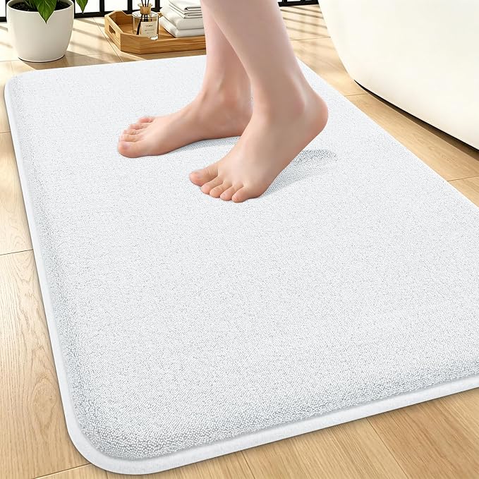 Smiry Memory Foam Bath Mat 24x16, Extra Soft Absorbent Bathroom Rugs | White Quick Dry, Machine Washable Bath Mats for Bathroom, Shower, Tub and Home Decor Accessories