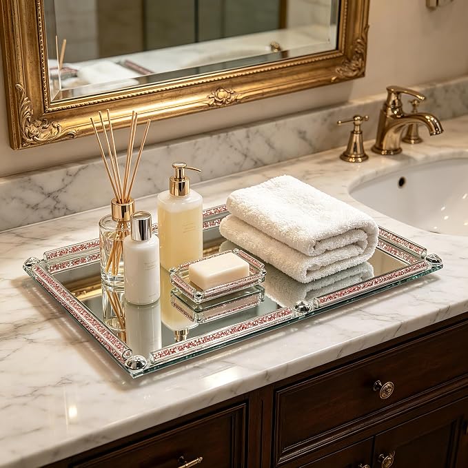 Large Mirror Perfume Tray for Dresser,Pink Crushed Diamond Filled Glass Vanity Tray,Decorative Bathroom Tray,Crystal Tray for Home Decorative,Party,Hotel Banquet,15.7x11.8x1.4inch,Pink